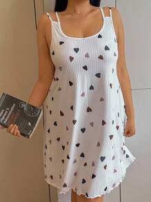 SHEIN 可爱心形罗纹印花休闲柔软亲肤可调节肩带露背吊带背心家居睡裙 - 彩色 - 查看 1