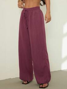 SHEIN PETITE 女士休闲纯色纹理面料抽绳腰斜口袋阔腿宽松裤 - Bold Plum - 查看 5