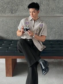 ESTAVOR Áo sơ mi thêu xích thời trang thường ngày cho nam, phù hợp cho mùa hè - Màu Xám nhạt - Xem 1