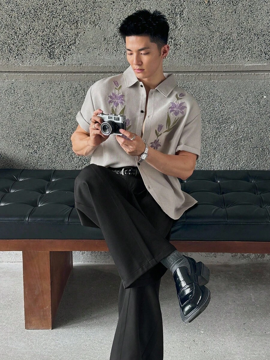 ESTAVOR Áo sơ mi thêu xích thời trang thường ngày cho nam, phù hợp cho mùa hè - Màu Xám nhạt - Xem 1