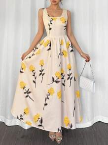 Elenzga 女式夏季度假花卉印花圆领束腰长裙 - 彩色 - 查看 4