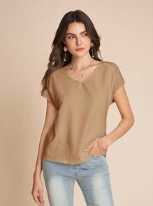 Amorya 蕾丝拼接V领优雅夏季短袖上衣 - 卡其色 - 查看 5