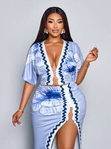 SOLERSUN Plus Size Women's Fashion Floral Positioning Print Metal Buckle Decoration Slit Hollow Lace Two Pieces Suit, Spring And Summer Suit Wear, Seaside Vacation Two Pieces Suit - Blue - View 5