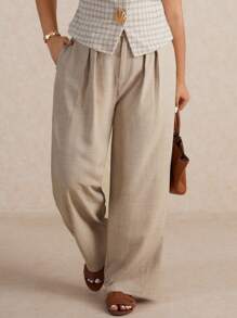 Elaquor Plus Size Casual Versatile Solid Color Loose Fit Suit Pants - Khaki - View 1