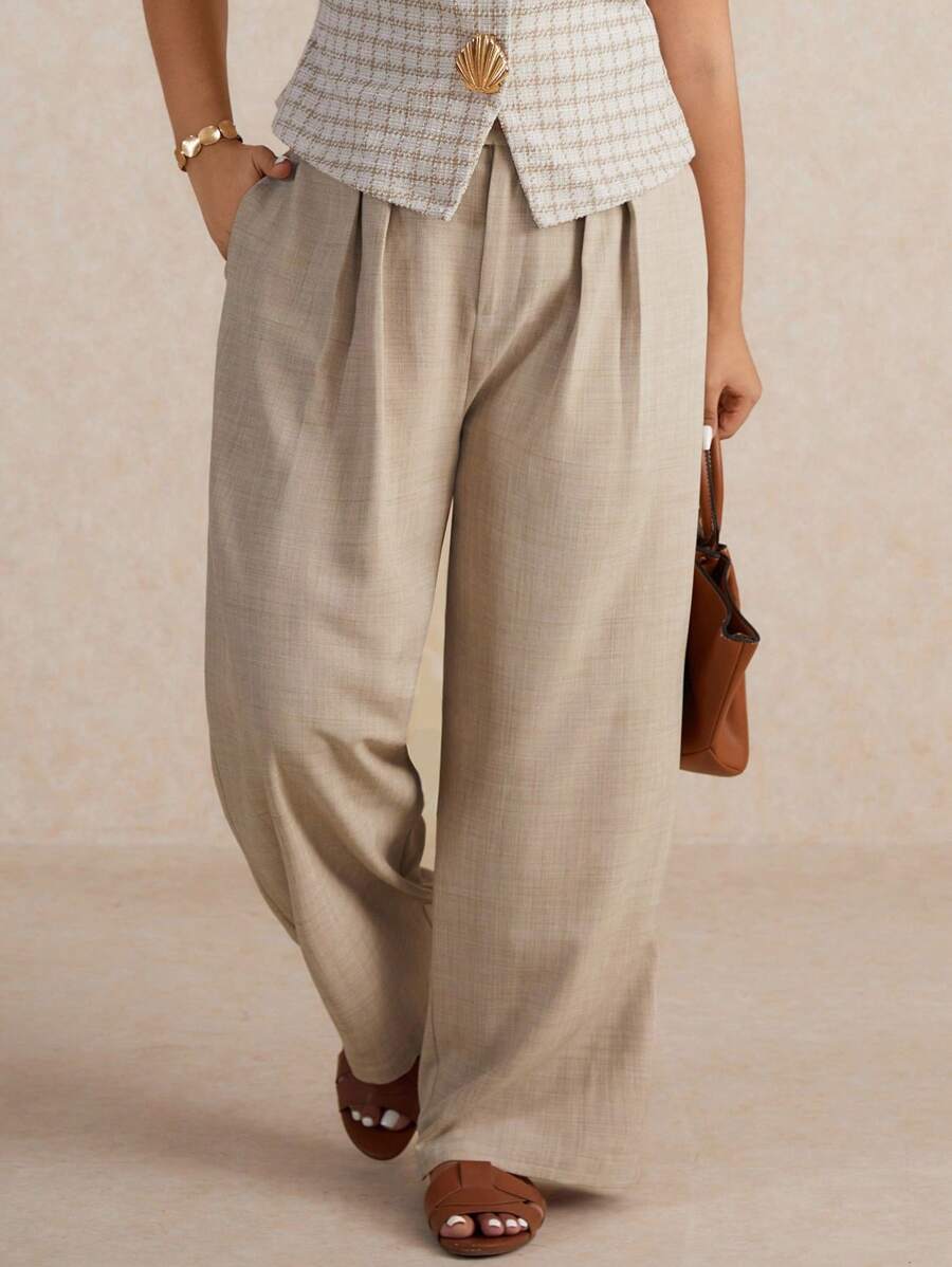 Elaquor Plus Size Casual Versatile Solid Color Loose Fit Suit Pants - Khaki - View 1