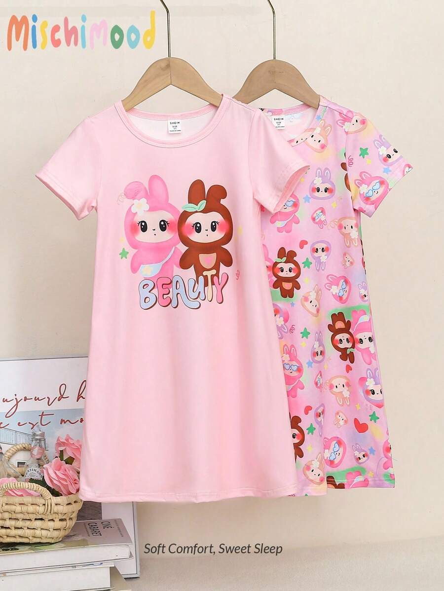 2pcs Young Girls Kid Pajama Dress Sleepwear, Cute Cartoon Naughty Bunny Printed Short Sleeve Round Neck Nightgown Two Pieces Set, Back To School Toddler Girl Clothes Summer - Pink - View 1