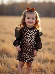 Emery Rose Kids Emery Rose Kids Rochie de fetiță, casual, minimalistă, confortabilă, cu guler înalt, mâneci raglan, cu imprimeu leopard - Negru - Vizualizare 3