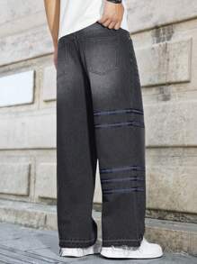 Manfinity Homme American Style High Street Webbed Decoration Straight Leg Jeans For Men, Vintage Grey Baggy Jeans - Black - View 2