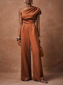 Zivah 2025 夏季新款休闲通勤度假气质棕色单肩褶皱阔腿长款女连体裤，毕业季，日常旅行，优雅，派对聚会，节日，早午餐装，机场装，返校，通勤，购物，旅行，约会，婚礼，度假 - 棕色 - 查看 7