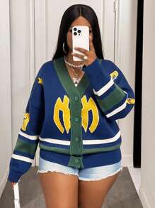 Slaydiva Áo khoác cardigan dệt kim tay dài cổ chữ V dáng rộng, họa tiết 23, kiểu dáng mới, thích hợp mặc thường ngày và dạo phố, cỡ lớn, phù hợp cho mùa thu đông. - Nhiều màu - Xem 4