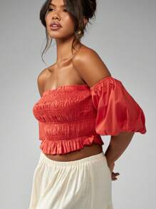 MISSGUIDED PLUS Plus Size Shirred Smocked Crop Top Off Shoulder Puff Sleeve Elastic Summer Party Festival Bardot Blouse Flowy Boho Elastic Ruffle Trim Cotton Blend - Red - View 4