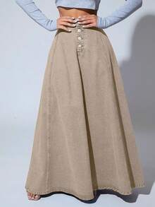 SHEIN SXY Solid Color Front Button Closure Elegant Work Wear Long Denim A-Line Skirt - Apricot - View 4