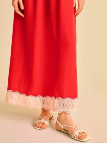 CAJUNI Abito lungo casual da donna in stile boho con stampa tropicale rossa, decorato con nappine, a spalline, con inserti in pizzo sul petto e l'orlo, adatto per le vacanze