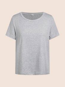 Bộ đồ ngủ áo thun tay ngắn cổ tròn màu trơn cho nữ và quần short kẻ sọc - Xám - Xem 8