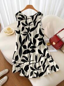SHEIN Frenchy Váy họa tiết lá cây tối giản màu đen và trắng cỡ lớn cho kỳ nghỉ - Đen và trắng - Xem 6