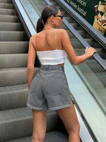 EURMUSE Quần short denim thường ngày mùa hè 100% cotton có đính đinh tán trang trí - Màu Xám nhạt - Xem 2
