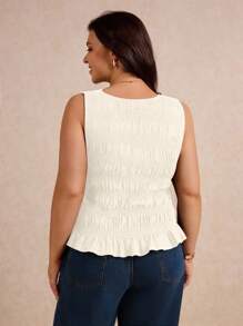 Elaquor Plus Size Women Solid Color Ruffle Hem Casual Tank Top,Going Out Tops,Holiday Spring To Summer - Beige - View 3