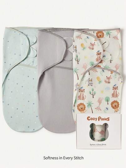 Cozy Pixies 3pcs/Set Soft Polka Dot Animal Print Swaddle Blanket Gift Box Set For Newborn