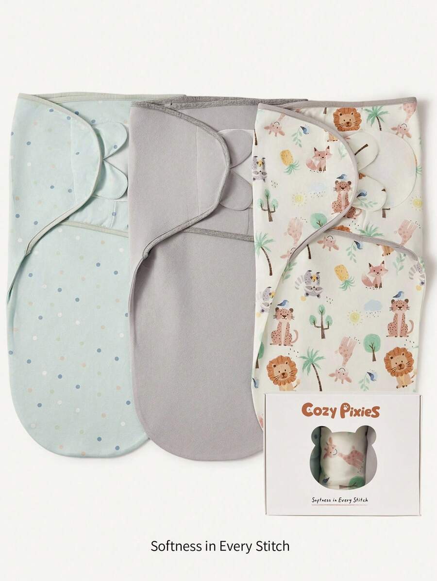 Cozy Pixies 3pcs/Set Selimut Bedong Lembut Motif Polkadot dan Hewan, Set Kotak Hadiah untuk Bayi Baru Lahir - MultiWarna - View 1