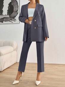 EURMUSE Completo casual da donna: giacca doppiopetto a manica lunga con collo a risvolto in colore unito e pantaloni - Grigio Scuro - Visualizzare 5