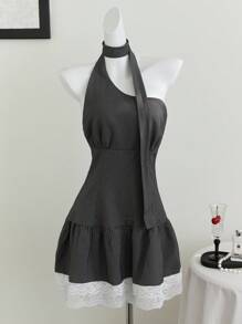 SHEIN Unity 不对称格子荷叶边不对称下摆蕾丝连衣裙 - 黑色 - 查看 1