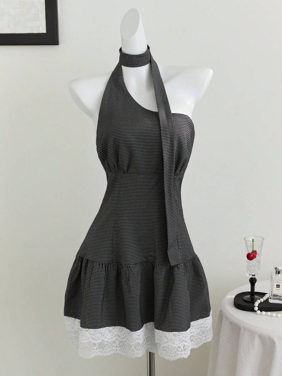 SHEIN Unity 不对称格子荷叶边不对称下摆蕾丝连衣裙 - 黑色 - 查看 1