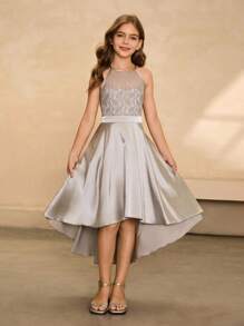 婚礼季女童蕾丝拼接雪纺前短后长高端连衣裙，适合舞会、生日派对、毕业典礼、万圣节的短款礼服 - 灰色 - 查看 3