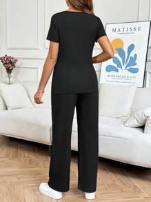 SHEIN 2pcs/Set Solid Color Round Neck Short Sleeve Top And Pants Nursing Suit For Maternity - Black - View 2