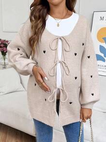 SHEIN Pregnant Women Loose Fit Heart Pattern Drop Shoulder Front Tie Knitted Cardigan,Fall Women Clothes,Fall Outfits Women ,Winter Jacket Women - Khaki - View 4
