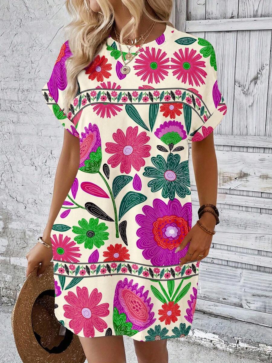 Selamara Women's Floral Print Round Neck Casual Summer Holiday Short Sleeve Dress - Multicolor - View 1