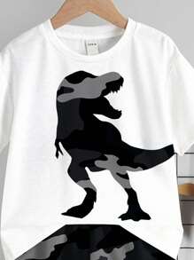 SHEIN Leap Crew 2pcs Baby Boy Cartoon Dinosaur & Camo Print Casual Round Neck Short Sleeve Top And Shorts Set, Summer - Multicolor - View 5