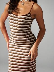 MISSGUIDED Đầm maxi ôm sát không tay kẻ sọc, dây mảnh, thích hợp cho mùa hè, đi biển, nghỉ dưỡng, nghỉ mát, ôm sát cơ thể, dài đến mắt cá chân, dự tiệc tối. - Cà phê nâu - Xem 6