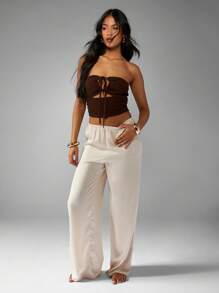 MISSGUIDED Textured Ruched Halter Crop Top Bustier Corset Style Evening Party Club Bandeau Summer Beach Tank Festival Bralette Resort Wear Chic Essential - Coffee Brown - View 4