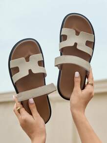 HighSole Women's Summer 2025 New Arrivals Hook And Loop Thick Bottom Casual Beach Slides Sandals - Apricot - View 5