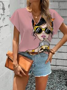 EMERY ROSE 粉色休闲简约度假风女孩印花女式衬衫，适合夏季