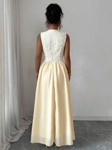Selianne Vestido Elegante Feminino de Renda Contrastante sem Mangas, Adequado para Casamento, Aniversário, Outono - Damasco - Visão 2