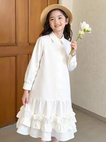 Young Girl Solid Color Long Sleeve Ruffle Hem Casual Shirt Dress Fall Winter - White - View 4