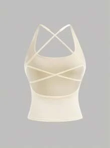 Girlism TEENGIRL Apricot Simple Hollow Back Sports Tank Top, Collegiate Tank Top, Solid Color Tank Top Tank Top With Built In Bra Criss Cross Back Tank Top Built In Bra Tank Top Cross Back Tank Top Tank Top Criss Cross Straps Crisscross Tank Top - Apricot - View 1