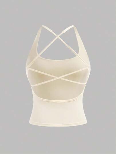 Girlism TEENGIRL 杏色简约镂空后背运动背心，学院风背心，纯色背心