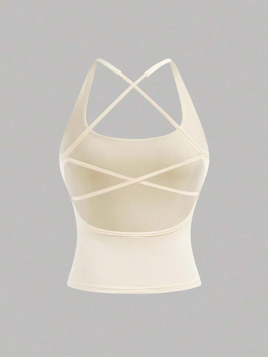 Girlism TEENGIRL Apricot Simple Hollow Back Sports Tank Top, Collegiate Tank Top, Solid Color Tank Top Tank Top With Built In Bra Criss Cross Back Tank Top Built In Bra Tank Top Cross Back Tank Top Tank Top Criss Cross Straps Crisscross Tank Top - Apricot - View 1
