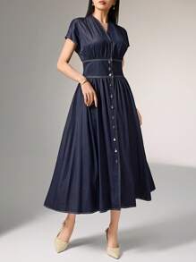 Heiryn 女式纯色前扣V领优雅短袖中长连衣裙 - 藍色 - 查看 5