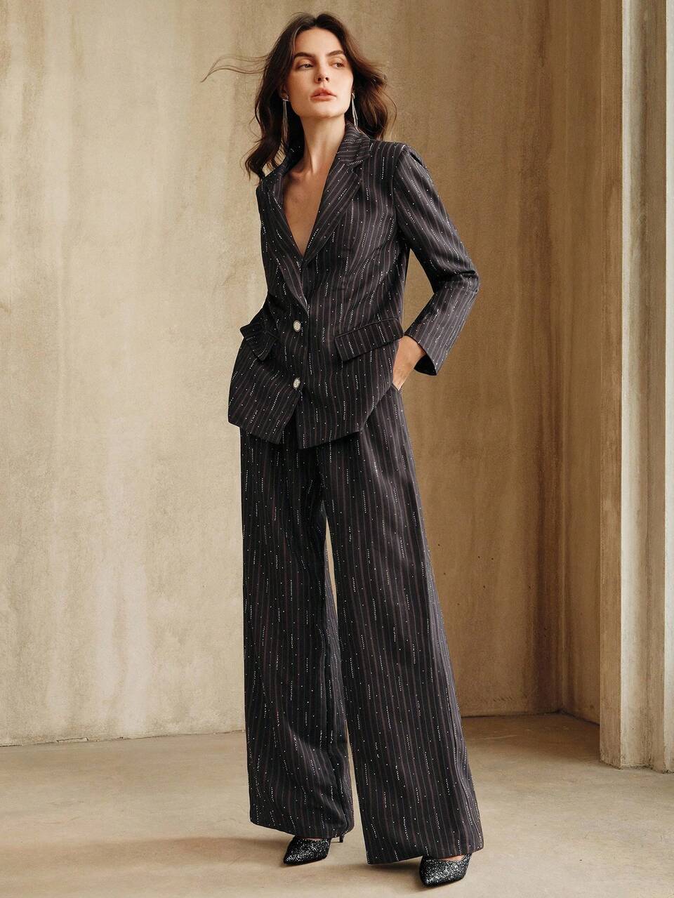Women's Blue And White Stripe High-Waisted Wide Leg Pants,Summer Business Casual Office Elegant Chic Embellished Vertical Stripes Party Evening Wear