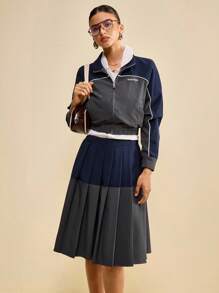 Muvela Chaqueta sofisticada de estilo universitario retro con contraste de color, adecuada para otoño, temporada de vuelta al colegio, salidas diarias, estilo campus, viajes, aeropuerto, deportes vintage, elegante