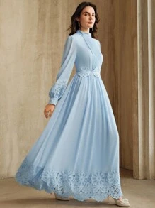 Anewsta Elegant French Style Patchwork Embroidered Lace Design Blue Dress For Women - Blue - View 5
