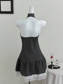 SHEIN Unity 不对称格子荷叶边不对称下摆蕾丝连衣裙 - 黑色 - 查看 2