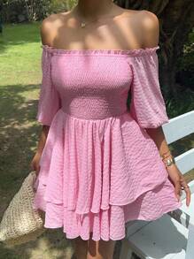 Sunnyshic 女士夏季纯色纹理泡泡袖露肩束腰连衣裙 - 粉色 - 查看 5