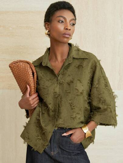 Aveloria Modichic Olive Green 3/4 Sleeve Casual Shirt, Relaxed Fit, Classic Collar, Comfortable To Wear