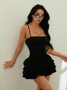 SHEIN PETITE Spaghetti Strap Plain Black Woven Mini Dress With Layered Hem Black Ruffle Dress - Black - View 5