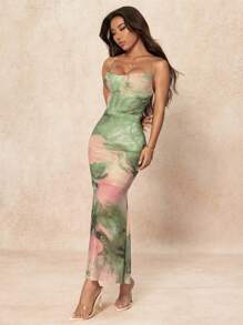 SHEIN PETITE Váy bó in họa tiết tie-dye thanh lịch dành cho nữ, mùa hè - màu xanh lá - Xem 1
