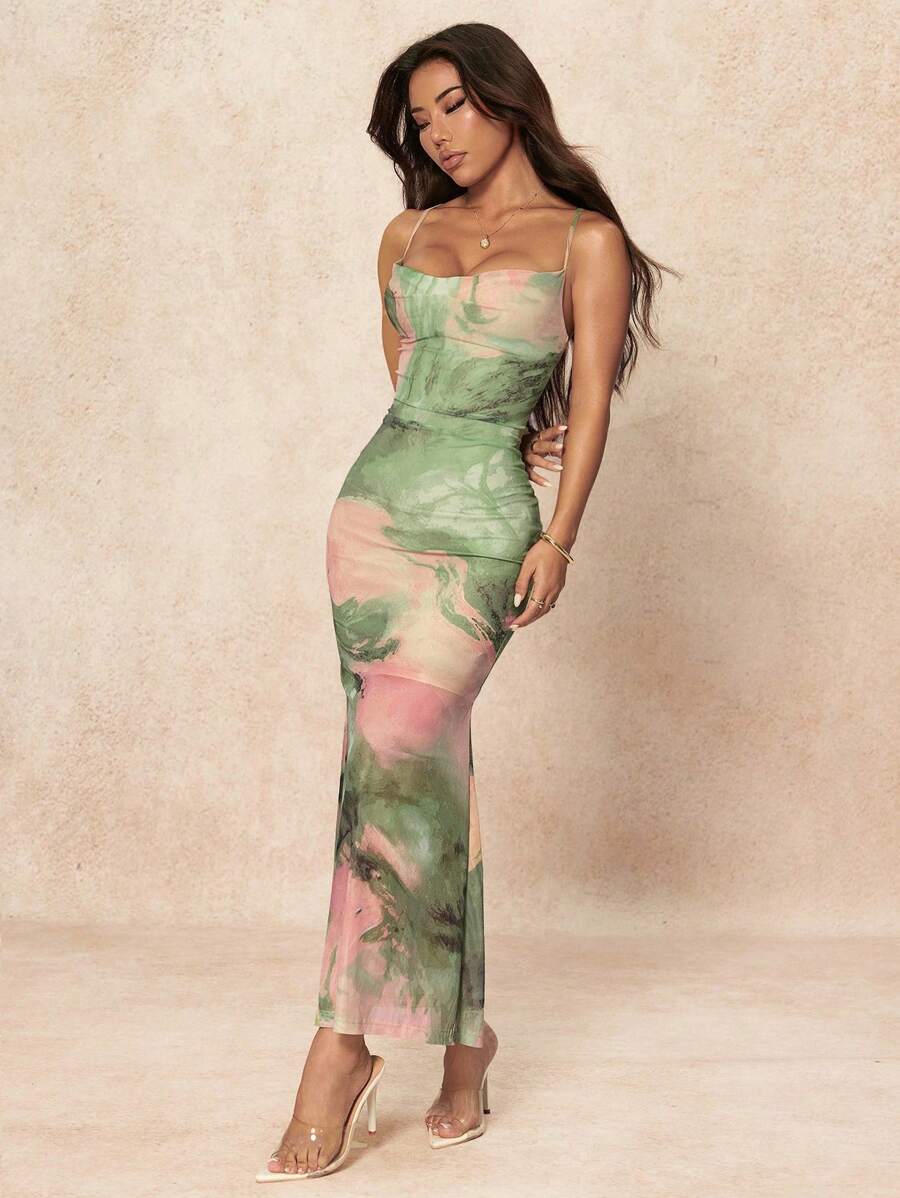 SHEIN PETITE Váy bó in họa tiết tie-dye thanh lịch dành cho nữ, mùa hè - màu xanh lá - Xem 1